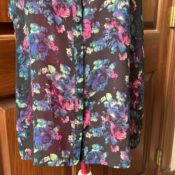 Decree Top Blouse Sheer Button Down Floral Sleeveless Black/multi Size L - Picture 5 of 12